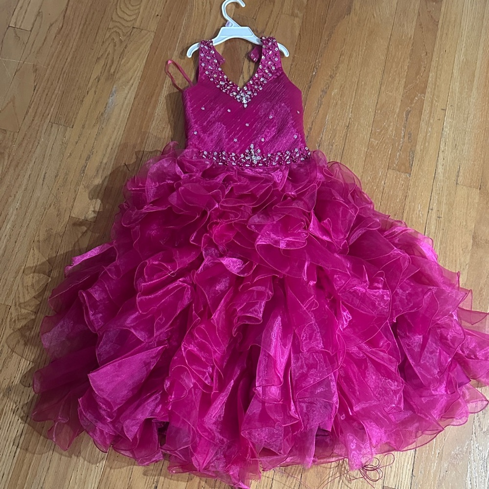 Elegant Fuchsia Sparkle Ruffled Halter Kids Dress